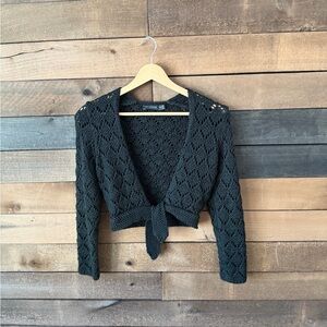 Y2K Crochet Tie Front Cardigan Black Open Knit Long Sleeve XS The Limited